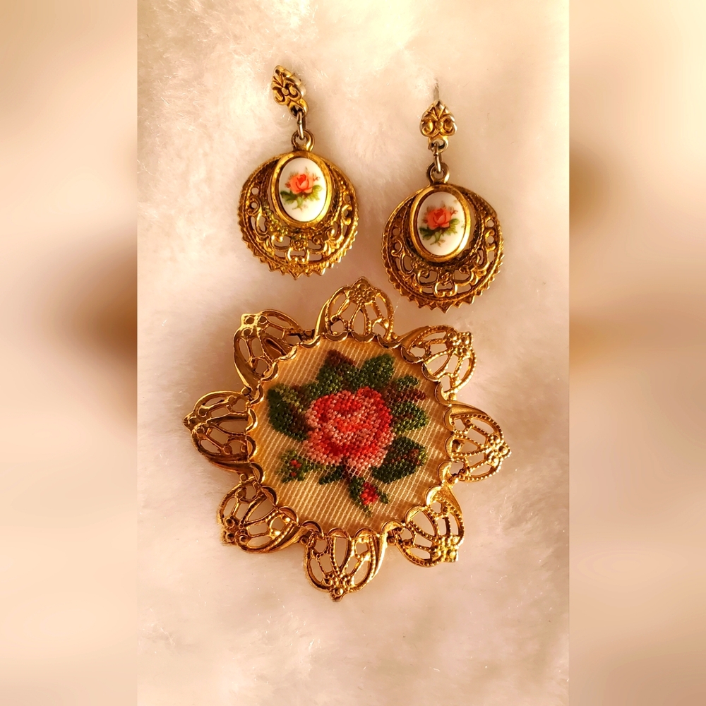 Antique Embroided Flower Brooch & Earrings